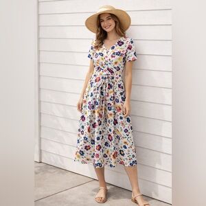 Boden Floral Wrap Style Dress UK 12R US 8 Cotton Tie Waist Midi